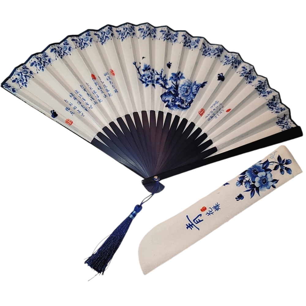 Chinese Vintage Hand Folding Blue Asian Fan W/Case Stainless Steel Shaft Granny
